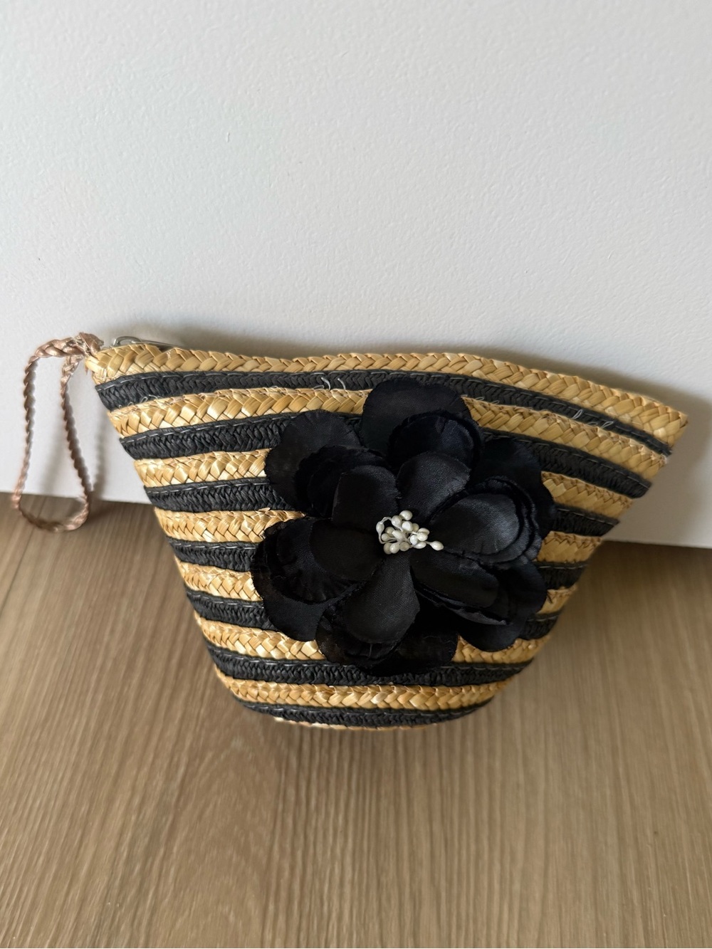 Striped Straw Wristlet Clutch with Black Flower